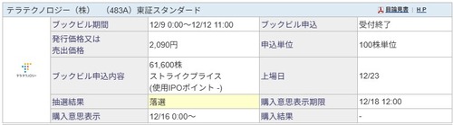 ★IPO★ 483A    テラテクノロジー   抽選結果！