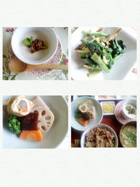 揚げの煮物、ほうれん草甘酒醤油あえ