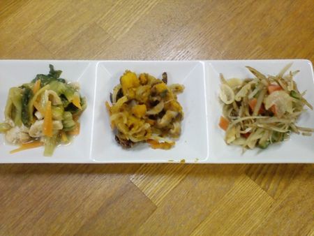 青菜の煮びたし、小豆南京、ゴボーの酢の物