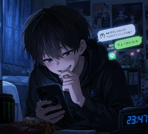 夜の部屋でスマホを持つ少年