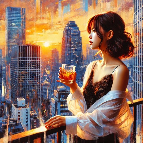 A_Japanese_woman_standing_by_a_acrylic_painting