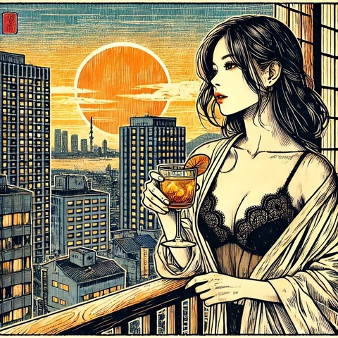 A_young_and_beautiful_Japanese_woman_standing_by_a_woodblock