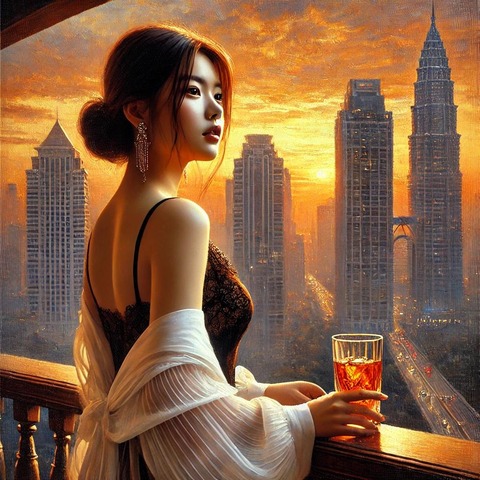 A_young_and_beautiful_Japanese_woman_standing_by_a_oilpainting