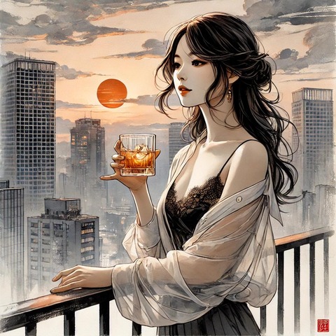 Japanese_woman_standing_by_a_traditional_sumi_e_v2