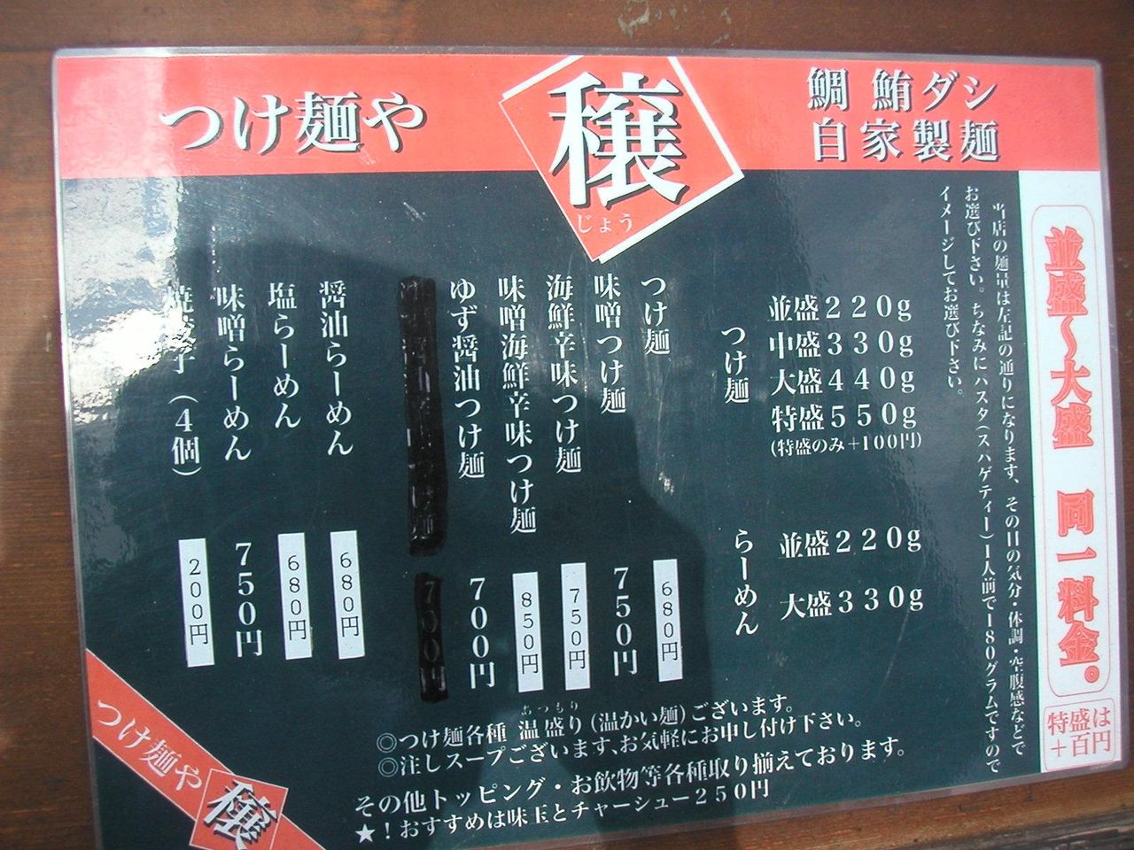 つけ麺や穣のメニュー
