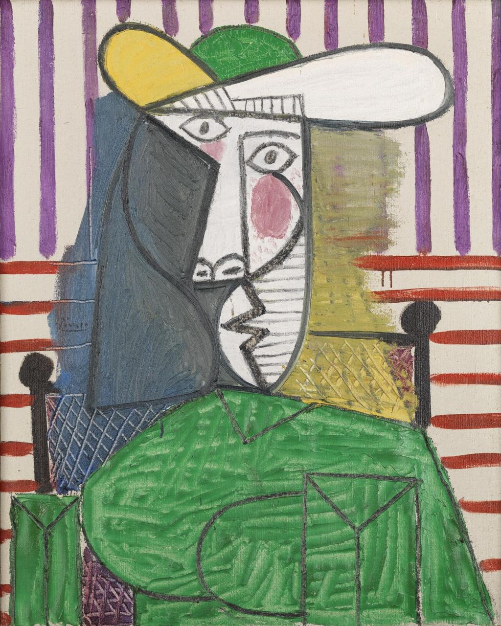 ピカソ(PICASSO)【籐椅子にすわる女】、高級画集画、状態良好 座る 女 ピカソ モダン ピカソ 青い安楽椅子の女 希少画集画 新品額装付
