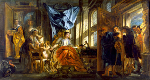 母親のペネロペの前でテオクリメンを招くテレマコス　ヨルダーンス