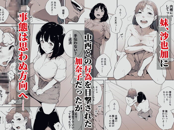 同人エロ漫画・借金の返済、姉を救うため妹3Pハーレムのトップ画像