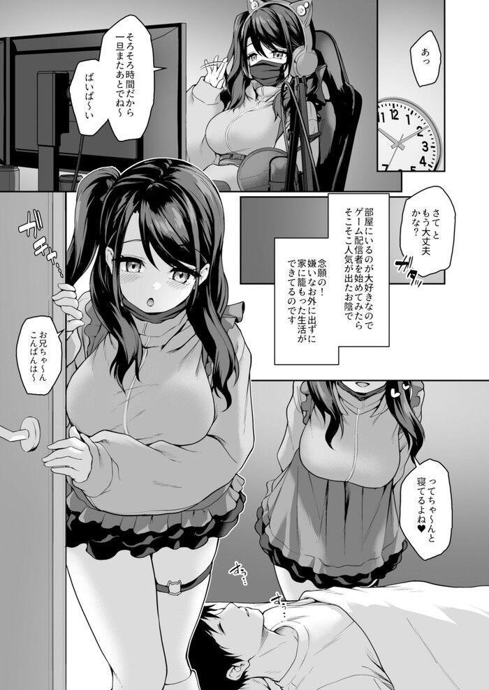 同人エロ漫画・ひきこもり配信者な妹の運動不足解消授乳手コキ