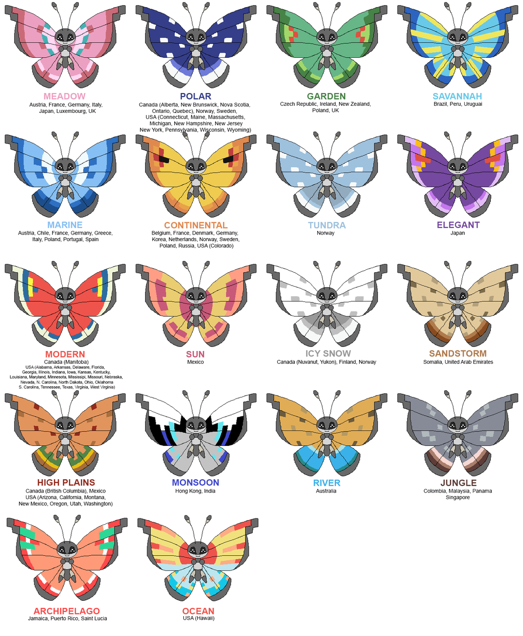 ポケモンxy攻略情報収集 ポケモン ビビヨンは羽の色 模様が何種類もあるらしいのでその一覧