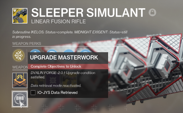 Destiny2 開発者 レイドチーム さん エキゾ武器 模倣スリーパー のアップグレード条件 回収したイオのjysデータ なんだけど 現時点でマスターワークを完成させること出来る ゲーム攻略のまるはし