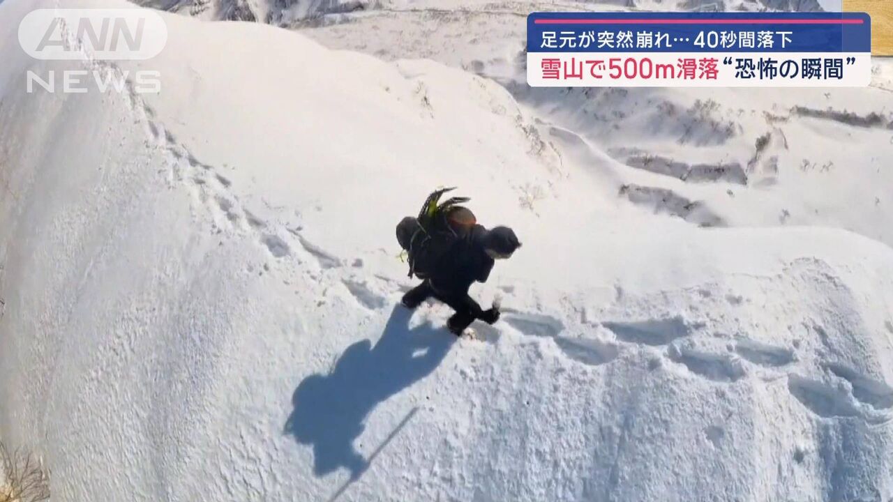【動画】あ、滑る！　雪山で５００ｍを４０秒で滑落した男性