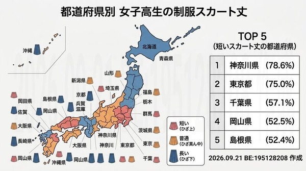 「47都道府県のJK・スカートの短さランキングMAP」作った