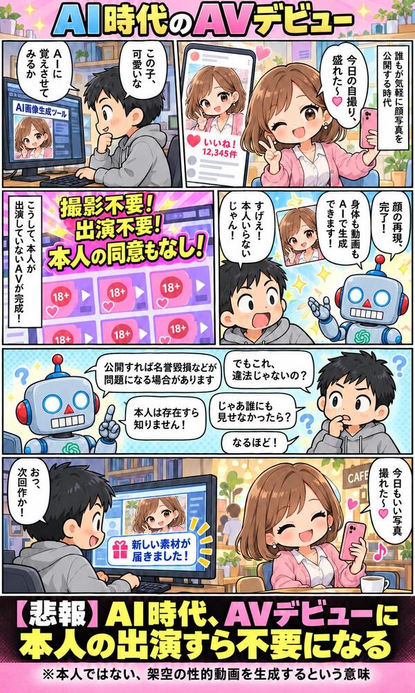 【悲報】女性、完全に終わる　顔写真1枚で勝手にAVデビューさせられる時代へ