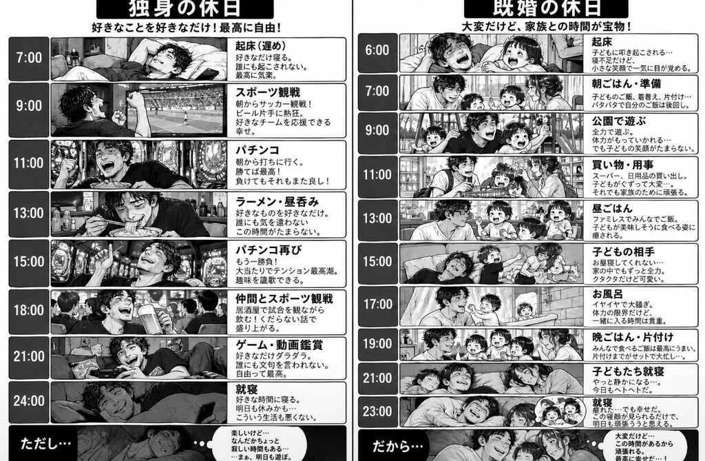 【超悲報】独身男性の休日と既婚男性の休日の違いがコレらしいぞ！！！