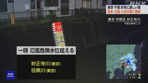 【氾濫危険情報】目黒川と妙正寺川に 東京・千葉で非常に激しい雨 川の氾濫 土砂災害に警戒hspace=