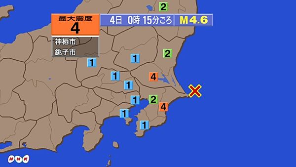 【緊急地震速報】茨城県神栖市、千葉県銚子市で震度4 千葉県東方沖