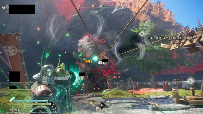 複合からくりの銛を獣相手に発動している場面