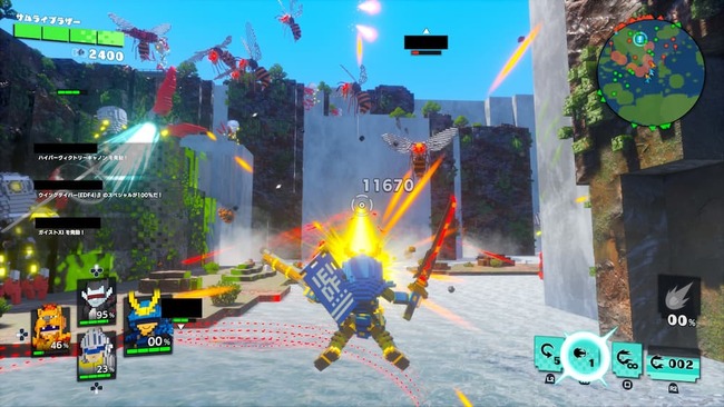 巨大な滝のある水辺でスペシャル攻撃のハイパーヴィクトリービームを敵に放つサムライブラザー