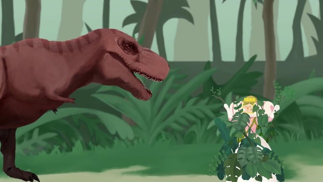 恐竜のいる時代にてティラノサウルスから逃れるために王妃が草木を身にまとって擬態しようとしている場面