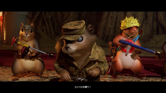 家の周囲にある木に住んでいるリスの軍団がメイとコーディを襲おうとしている場面