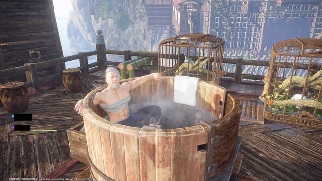 拠点に風呂等を設置してくつろいでいる主人公