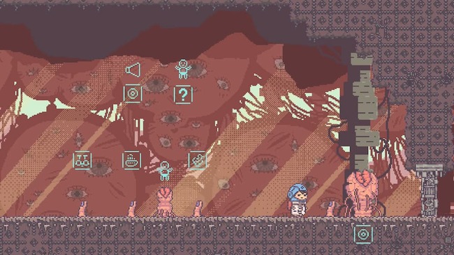 不気味な口のような物体と宙に描かれた模様をヒントに謎解きをしている場面