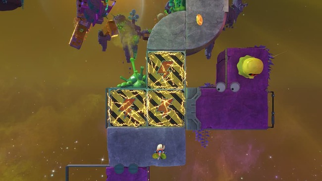 最後の暗黒メガミックスにて壁を登りながらシンバルのギミックで道を切り開いていく要素に苦戦している主人公