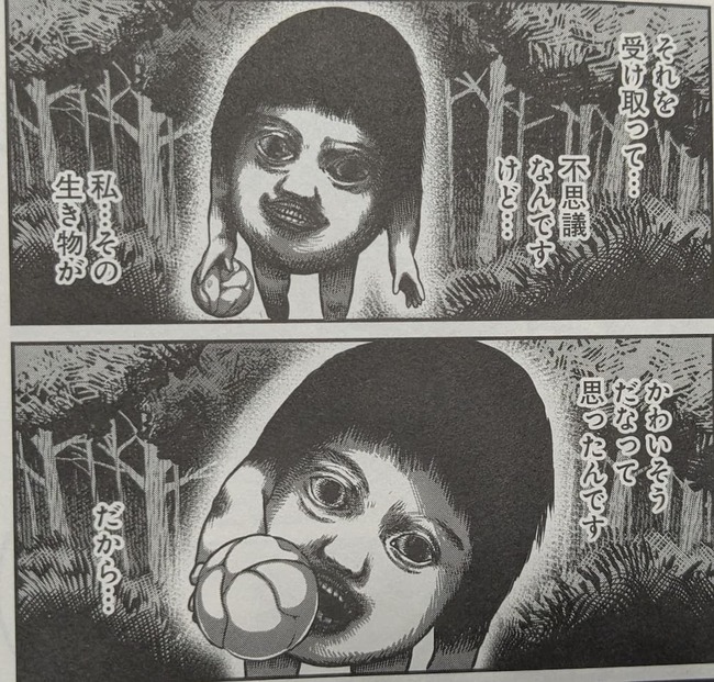 森の中、人間の顔面から手足が生えたような存在が謎の玉をこちらに渡してこようとしている場面