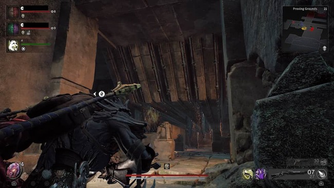 新サブエリアの1つProving Groundsにて天井を前後に移動する丸鋸を避けながら先へと進む主人公たち