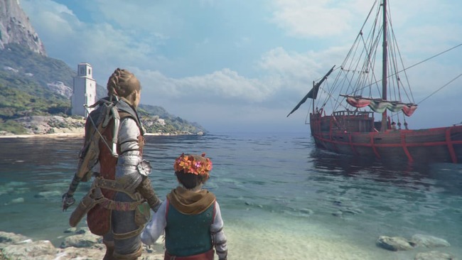 島から見える美しい海の景色を眺めているアミシアとユーゴ