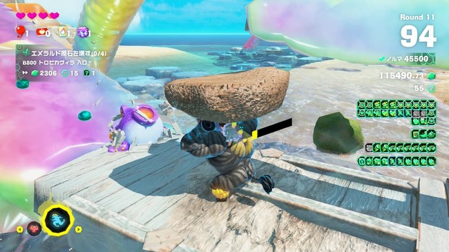 エメラルドラッシュのリゾートの階層にて、持ち上げた土で敵を攻撃しようとしているシマウマバナンザ状態のドンキーコング