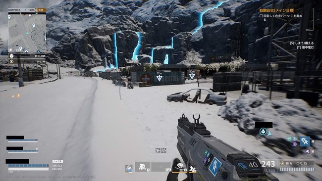 一面の雪景色の中佇む廃墟を探索しようと近づくプレイヤー