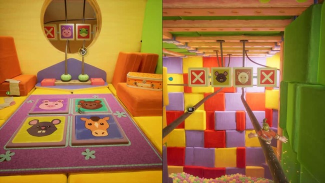 コーディはレールの上を滑って進み、メイはコーディの進行が妨げられないようにパネルを動かし協力している場面