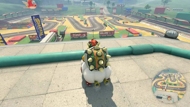 フリーラン中のSFCマリオサーキットにて建物の上からコースを眺めているクッパ