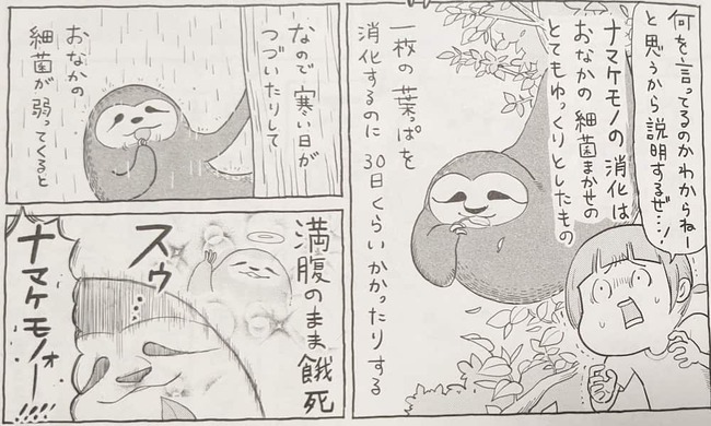 ナマケモノが満腹でも餓死するという生態について熱弁している作者