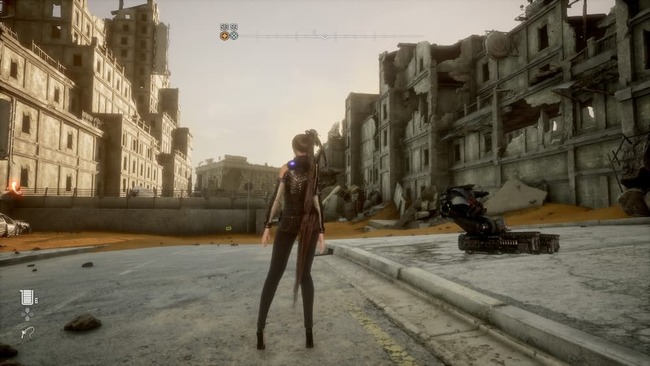 砂漠地域にて人の住めなくなった廃墟群を眺めているイヴ