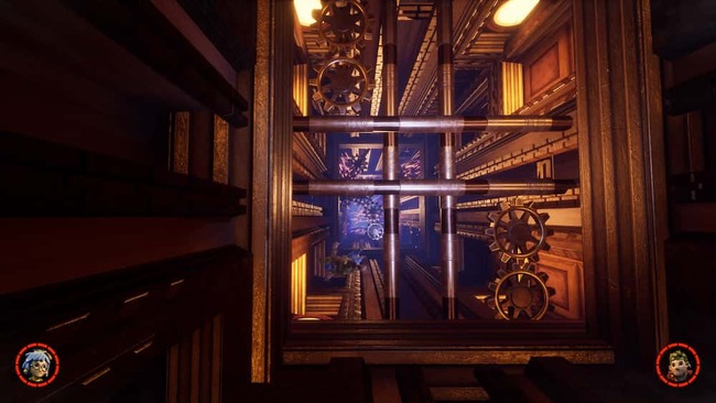 巨大な時計塔内部を落下しながら危険な歯車を避けて進むメイとコーディ