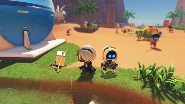 新たに助けたニーアオートマタのキャラクター2Bが拠点のキャンプにて釣りをしている様子を眺めている主人公