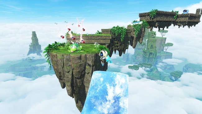 古代遺跡トゲドラドにて自分で作った氷の道を滑りながら敵のミサイル攻撃を回避しようとしている主人公