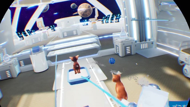 宇宙を眺めながら船内で猫の世話に手を焼いている場面