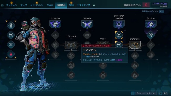 エンドコンテンツとして開放される性能特化ツリーの内容を確認している場面