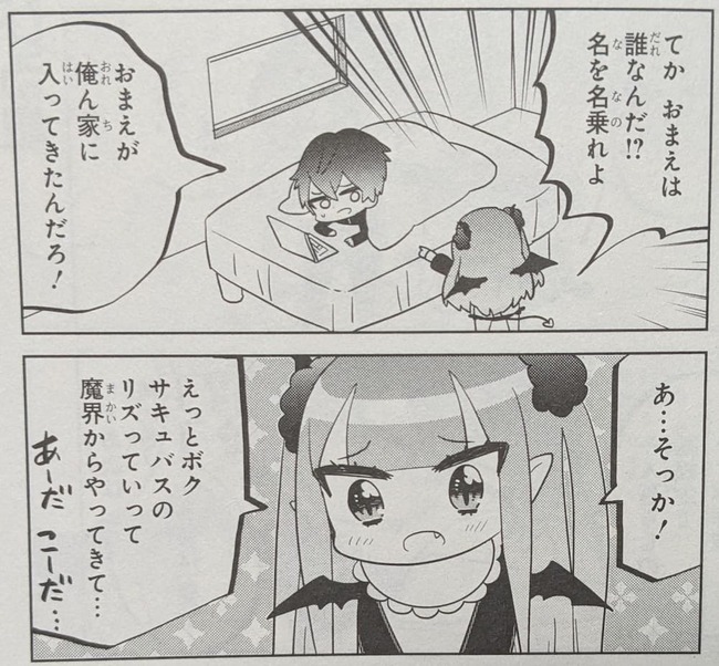 まずはお前が名乗れと話す主人公とそれに対して簡単に応じるサキュバスのリズが描かれている作中作のサバこまの様子