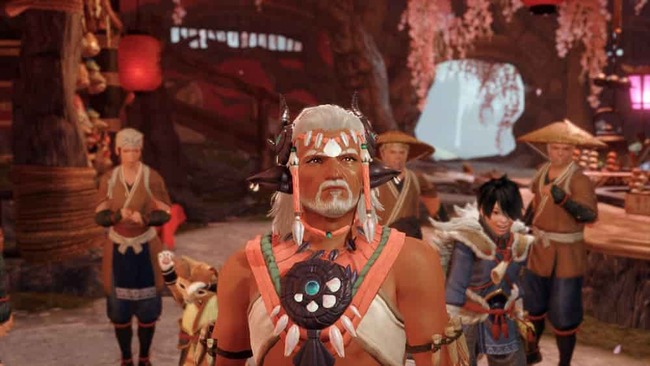 集会所に集まる里の面々とプレイヤー