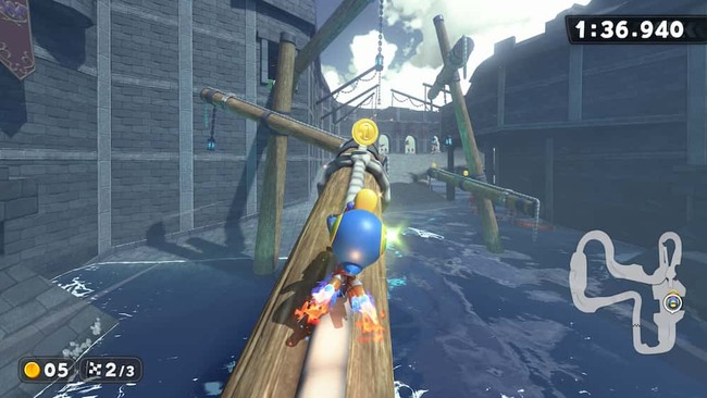 ワリオシップのタイムアタックにて、今作から追加された新アクションのレールスライドを行っているポイハナ