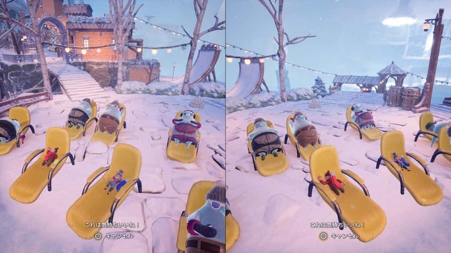 スノードーム内の世界の街でくつろぐメイとコーディ