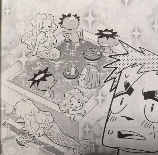 かっぱや人魚が校内の貯水池でくつろいでいる場面