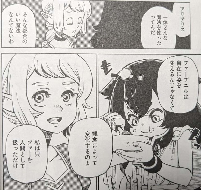 ファーブニルは観念によって姿を変えるという話をシグルに話すアリアリス