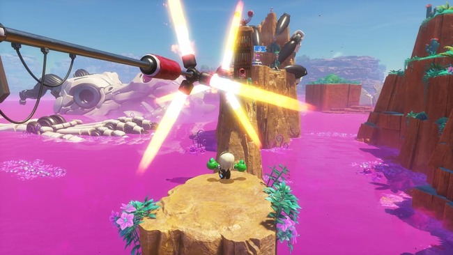 ドクドク毒沼！ドクロックにて回転する炎の罠をカエルパンチのギミックを使いどうやって攻略するか考えている場面