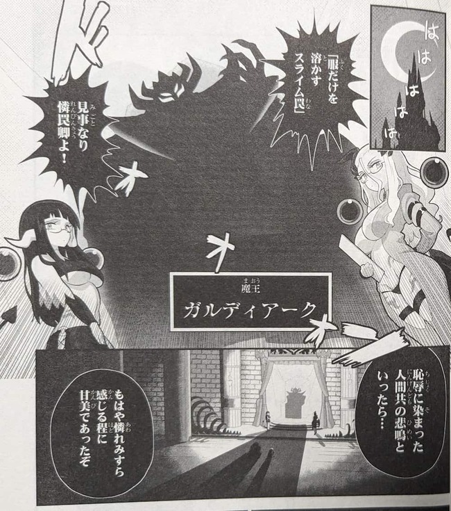 憐罠卿の作った服だけを溶かすスライム罠の事を褒めている魔王ガルディアーク